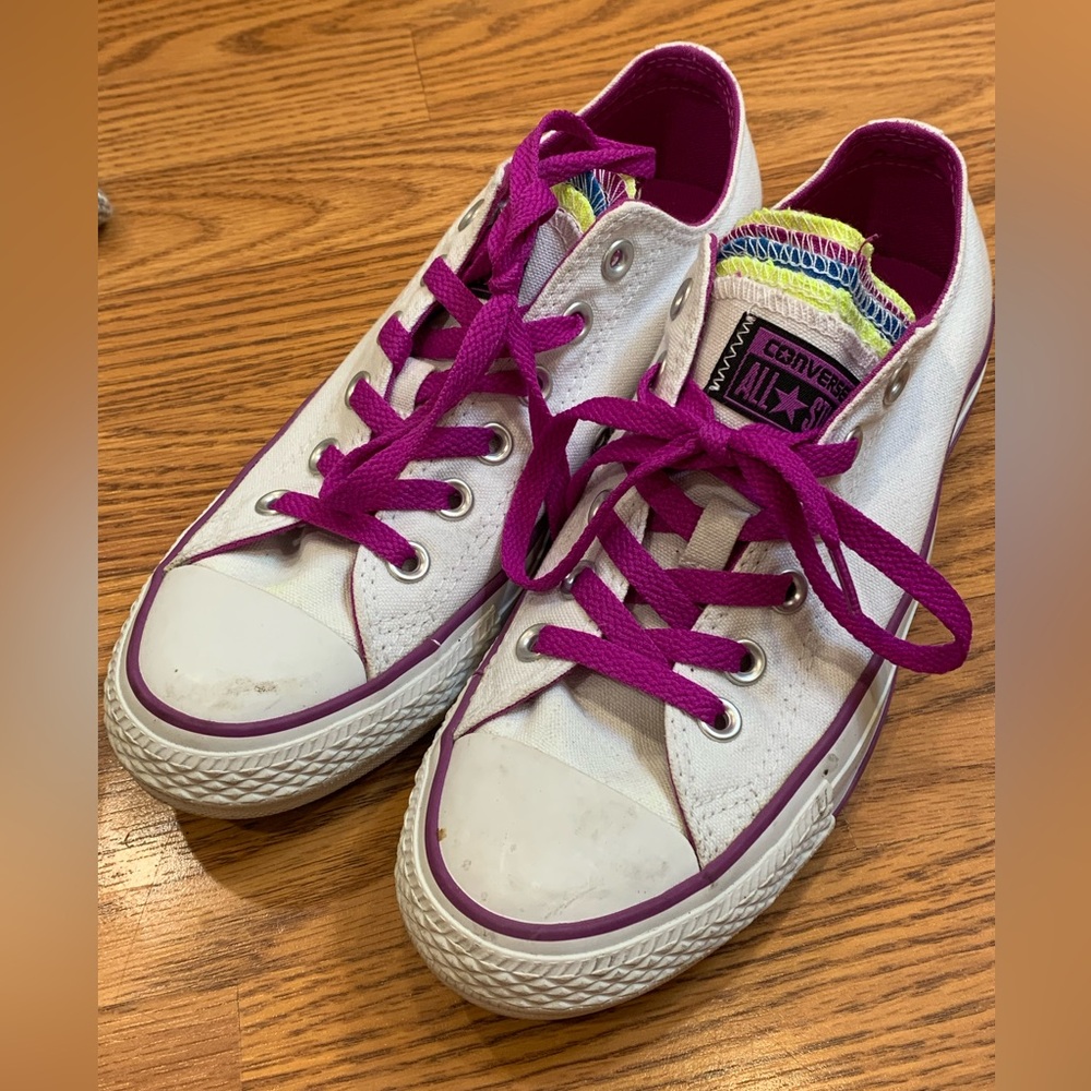 Converse White and Purple Multi Tongue Shoes